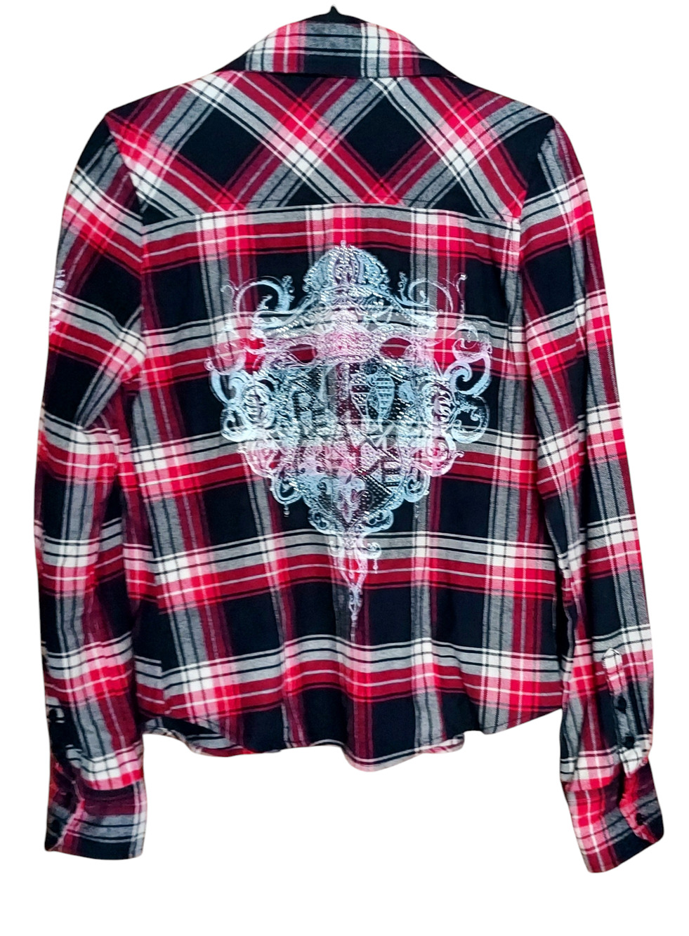 Cello Plaid Skater Grunge Women's Shirt Red Black White Blingy Rhinestone Sz LG